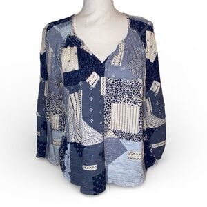 WONDERLY Bohemian Style Patchwork Blouse in Shades of Blue Size Medium